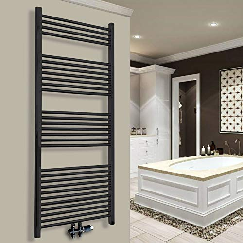 Gulfstream Komfort Badheizkörper 750 x 600 mm in Schwarz Gebogen inkl. Anschlußarmatur Hochwertiges Handtuchheizkörper-Set in Schwarz