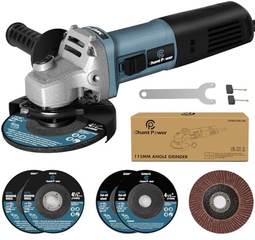 C P CHANTPOWER Angle Grinder Power Tool, 115mm 900W Corded Angle Grinder with 2X Cutting Wheel, 2X Grinding Wheel, 1X Flap Discs and Side Handle