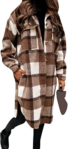 Yming Frauen Lang Kariertes Mantel Langarm Holzfällerjacke Button Down Freizeithemd