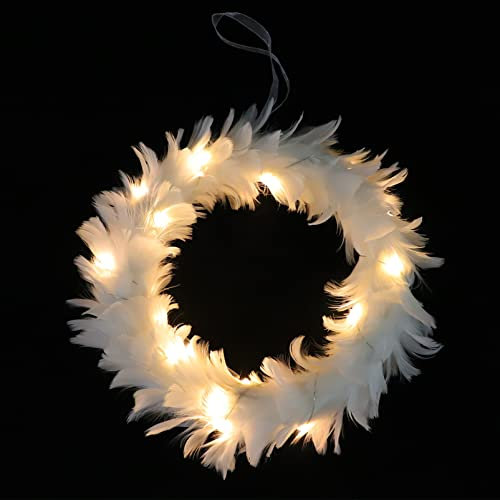 Beaupretty Weißer Federkranz mit Lichtern Weiße Weihnachtskränze Leuchtende Feder Girlande für Weihnachten Vordere Tür Treppe Hangende Dekorationen Urlaub Party Supplies 30 cm