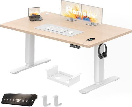 Flamaker Höhenverstellbarer Schreibtisch 140 x 70 cm mit 18 mm Tischplatte | Elektrisch Höhenverstellbarer Bürotisch mit Memory-Funktion, Computertisch mit Kabelwannefür Büro und Homeoffice, Beige