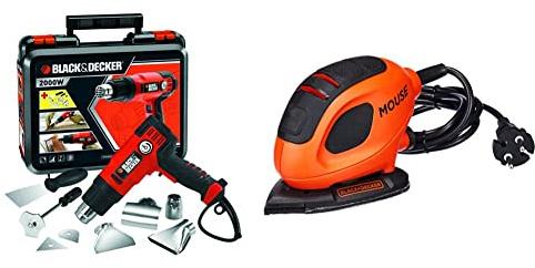 BLACK+DECKER KX2200K-QS Décapeur Thermique Filaire - 360 à 720 L D'air/min - Orange & BEW230BC-QS Ponceuse de détail Mouse filaire - 1,5mm de diamètre d'orbite - Fixation auto-agrippante