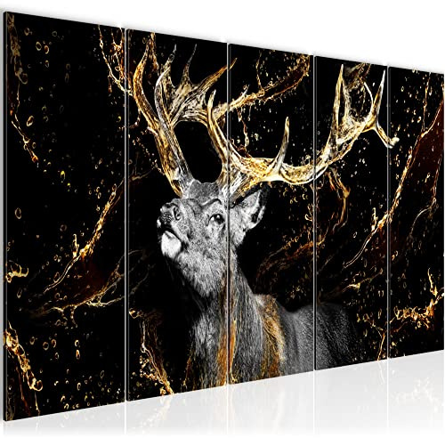 Runa Art Wandbild XXL Hirsch Wohnzimmer Schlafzimmer 200 x 80 cm Schwarz Gold 5 Teilig - Made in Germany - 042455a