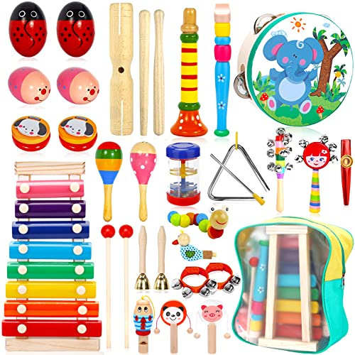 Purpledi 33 Stück Musikinstrumente für Kinder, Holz Percussion Set Schlagzeug Schlagwerk Rhythm Toys, Holzschlaginstrumente für Spiel und Rhythmus, Xylophon, Spielzeug für Kleinkinder ab 3 Jahre