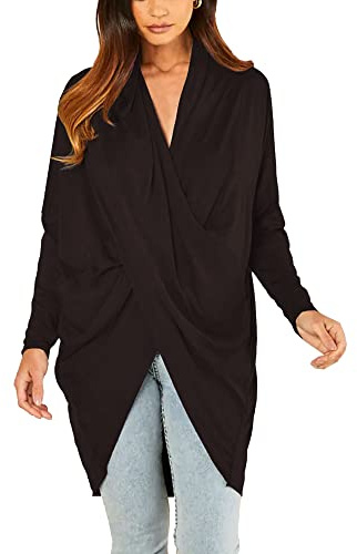 Dam asymmetrisk kors över draperad långärmad lös passform topp – svart marinblå kaki röd kol vinbrun blå – medium – 2 XL, Brun, XL-2XL (16/18).