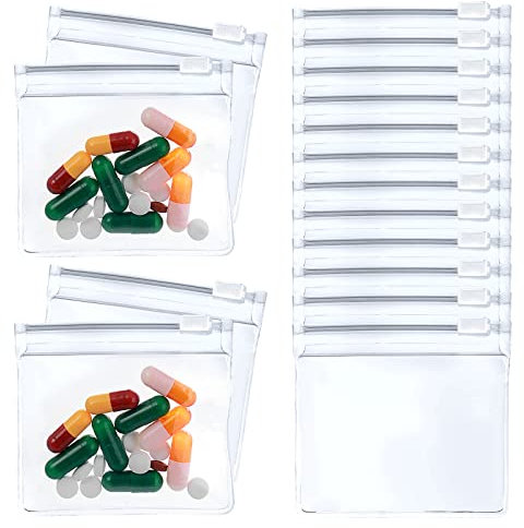 Cobee Sacchetti per pillole, 12 pezzi con cerniera, set da 7,6 x 7 cm, riutilizzabili, organizer per medicine, plastica portatile