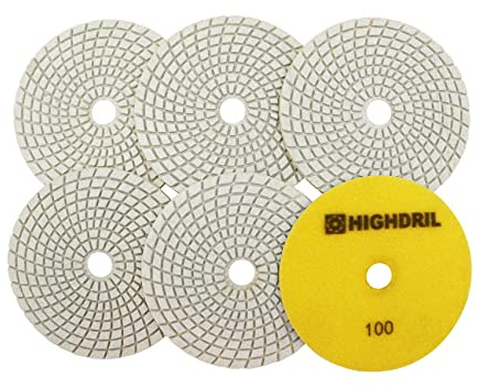 HIGHDRIL Tamponi Diamantati 125mm per Lucidatura a Umido 6 Pezzi, Disco Lucidatura Grana 100 per Granito, Marmo, Quarzo, Pietra Artificiale per Smerigliatrice