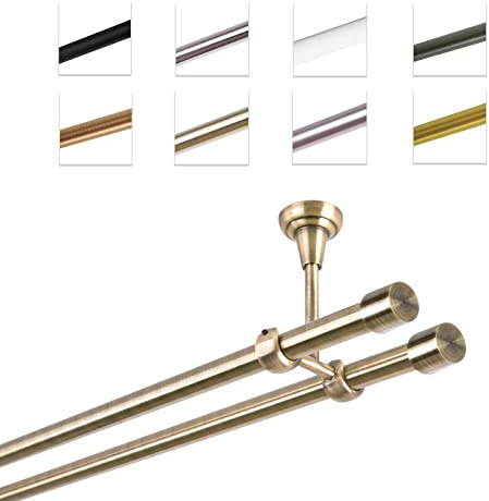 MDEKOR Gardinenstange 240 cm 2-läufig | Vorhangstange für die Deckenmontage Antik Gold aus Metall | Gardinenstangenset Ø 19mm