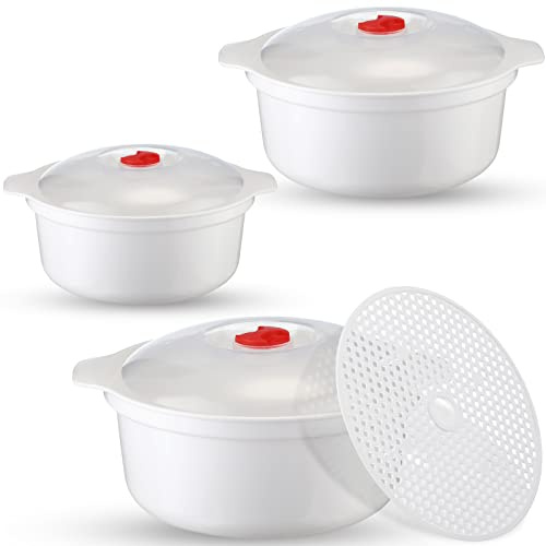 Bokon 3 Pieces Microwave Bowls with Lids Assorted Sizes Soup Bowl with Lid and Steam Rack Dishwasher Safe Dishes for Ramen Noodle College Dorm Microwave Cookware Kitchen Supplies