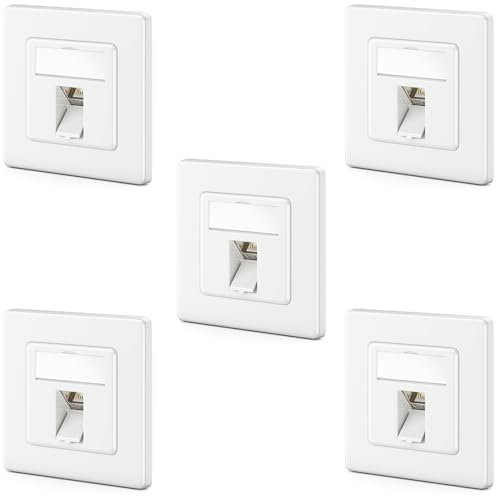 deleyCON 5x Presa di Rete CAT7 1 Porta - 10 Gigabit - Scatola da Incasso Ethernet LAN/Presa Dati Schermata + 5x Keystone RJ45 CAT7 per Cavo Patch DSL e Cavo di Installazione - Bianco