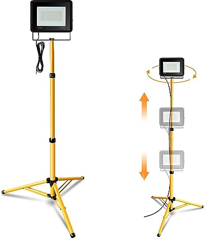 Jiubiaz Baustrahler LED mit Stativ, 50W Arbeitsstrahler 4250LM Bauscheinwerfer 6000K Kaltweiß, Höhenverstellbar Stativ und 1m Kabel, IP66 Wasserdicht Baulampe Schuppen (kein Stecker)