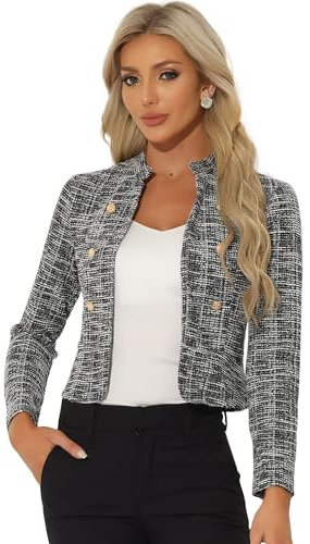 Allegra K Chaqueta de Tweed Vintage para Mujer Chaqueta Corta para Trabajo y Oficina Blazer Elegante para Mujer Negro M