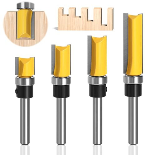 EUIOOVM Bündigfräser Schaft Fräser Oberfräser,4 Stück 6,35mm Schaft Bündigfräser,Professional Zubehör mit Kugellagern,Werkzeuge für die Holzbearbeitung,Bündigfräser für den Holzzuschnitt