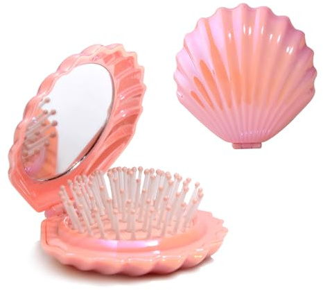 Maji Mama Metallic Shinning Finish Foldable Travel Hair Brushes with Mirror Shell Shape Portable Folding Pocket Hair Brush Mini Hair Comb Compact Size Hair Massage Comb (Pink)