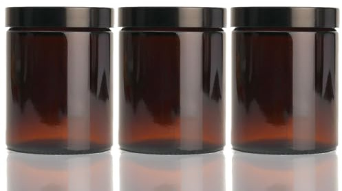 180ml/6.33oz Amber Round Glass Jars with Black Lids - Perfect for Cosmetics, candle, Herb Stash, Cream, Lotion and Personal Care Products, Travel use - Reusable, BPA-Free, Eco-Friendly Jar (Pack of 3)