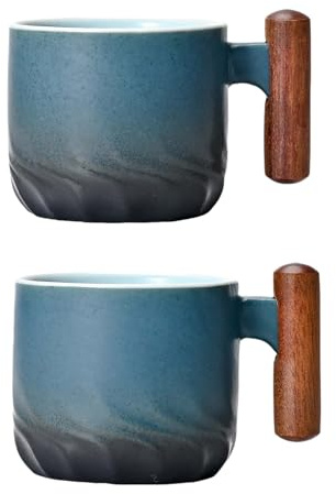 Zurucily Juego de 2 tazas de café expreso, tazas de té pequeñas, tazas de café expreso de cerámica de 2.1 onzas con mango de madera
