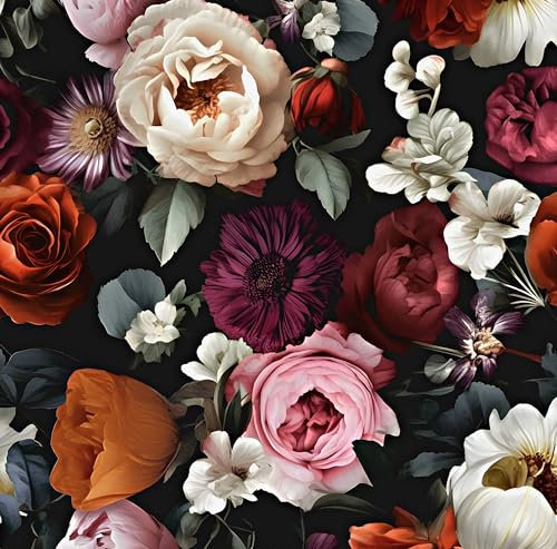 Laatse Floral Wallpaper Peel and Stick, Rose Flowers Contact Paper 17.5 x 118, Modern Wall Paper Self Adhesive Removable Waterproof for Room Walls Shelves Cabinet Drawer Table Decor(Black, Red)