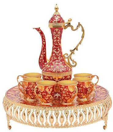 HarBin-Star Kaffeetassen Türkisch, Vintage Kaffeekannen Set mit 6 Tassen, Teetasse Royal Metall Teegläser Set, Teeservice Set für Home Coffee Tea Party (Rot)