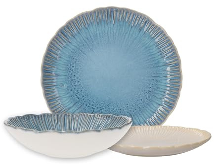 Keyhomestore - Servicio de 12 platos de coral, de cerámica, color azul, 4 platos hondos, 4 platos llanos, 4 platos dulces/frutas. Ideal como servicio de mesa.