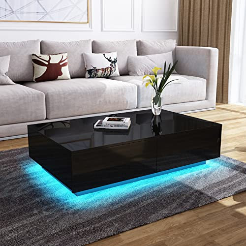 Generisch Couchtisch, Mitteltisch Teetisch für Wohnzimmer, Schwarz Wohnzimmertisch Hochglanz mit LED-Beleuchtung, Rechteckiger Beistelltisch mit 4 Schubladen für Home Office Möbel