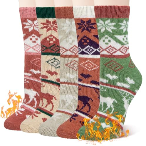 Damen Winter Wollsocken 5 Paar, Warme Thermosocken und Dicke Stricksocken Wolle Socken Wandersocken für Casual Outdoor EU36-41