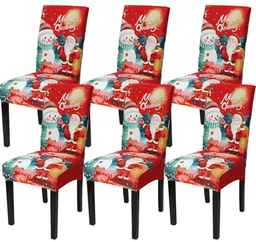 Weihnachten Stuhlhussen 6er Set Stretch Weihnachten Esszimmerstuhl | Stuhlbezug mit Nikolaus Weihnachtsstuhl Schutzhüllen Für Esszimmer Hotel Hochzeit Urlaub Party Dekor (Rot-Schneemann)