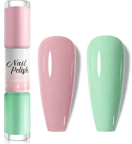 Pink & Green Nail Varnish - Double-Head Quick Dry, Long Lasting, Water Based, Low Odor, No UV Nail Polish for Women's DIY Nail Art (Light Pink+Light Green, 10ML)