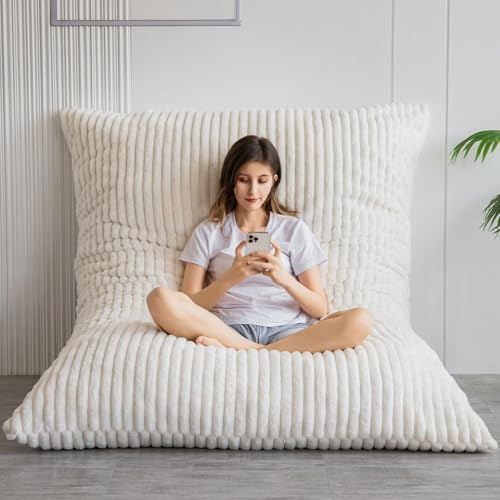 MAXYOYO Riesiges Sitzsack-Bett, quadratischer Sitzsack-Stuhl, großes Sofa mit Kunstfellbezug und Flauschiger Füllung für Erwachsene, Paare, Gäste (3D Streifen-Beige, 135x190 cm)
