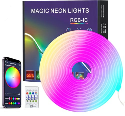 PSTAR Neon Tira LED 4 Metros, Luces LED RGB Neón Controladas por App y Remoto, Impermeable IP67, DIY Luces de Cuerda Neón, Sync de Música para Decoración TV Gaming Room