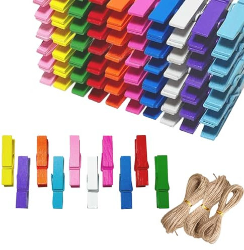 250 Stück Wäscheklammern & 3 Stück Bindfaden String Bild Hängende Schnur & Holz Wäscheklammern für Bastelarbeiten Schlafzimmer Klassenzimmer Café Dekoration Mix Farben 3,5 x 0,7 cm Clips 10 m Jute Sei