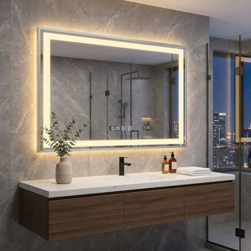 YOURLITE Badspiegel mit Beleuchtung 80x60cm,LED Badezimmerspiegel | Badezimmer Spiegel mit Touch-Schalter,3 Lichtfarben Dimmbar,Uhr,Speicherfunktion,Anti-Beschlag,Wandspiegel,Silber