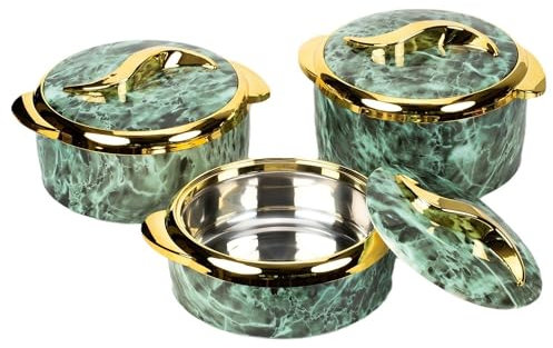 TOMANOON Thermal Casserole for hot food, Double walled insulated inner Stainless Steel hot pot with lid, Serving box for food and roti, insulated serving bowl with lid, Set of 3 (Marble Green)
