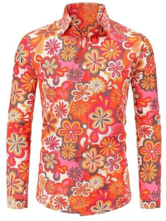 RUMAOZIA Chemise colorée à manches longues pour homme Hippies années 70 - Motif floral arc-en-ciel rétro - Chemise hawaïenne pour homme - Chemise hawaïenne funky - Chemise hawaïenne funky - Chemise