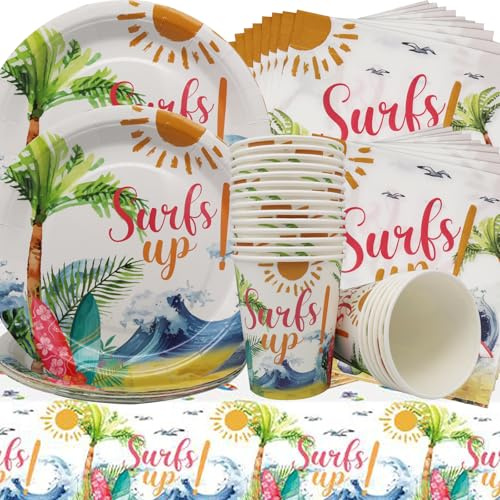 Vajilla de fiesta de playa,61 piezas Vajilla de Fiesta Hawaii-Plato,toallas de papel,vasos de papel mantel de cumpleaños infantil bautismo de bebés para decoración de fiesta de cumpleaños de Hawaii
