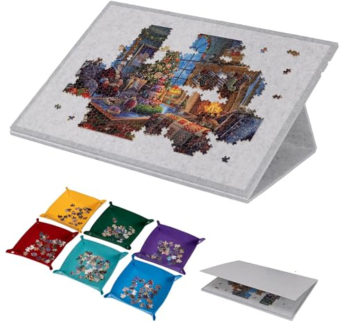 Lavievert Tavola puzzle inclinabile da 1500 pezzi con supporto e copertura 2 in 1, tavole per puzzle in feltro con 6 vassoi colorati per ordinamento, tavolo per puzzle portatile leggero con superficie