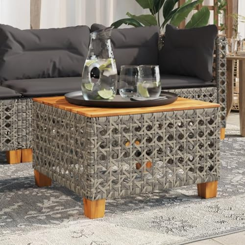 HaoChrymec Gartentisch Grau mit PE-Rattan, Akazienholz Tischplatte, Robuster Rahmen, Wetterfest, Beistelltisch Garten, Balkon Tisch, Loungetisch Outdoor, 55x55x36 cm