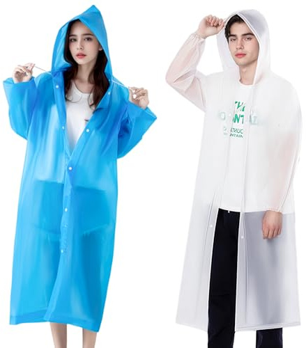 2 Pack Adult Rain Ponchos, Heavy Duty Reusable EVA Waterproof Raincoat with Drawstring Hood for Men & Women, Long 145cm Full Coverage Rainwear for Hiking, Festivals, Fishing (Fits Height 1.6-1.9m)
