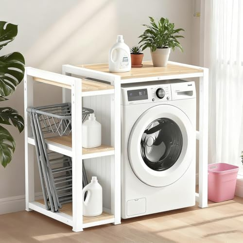 Étagère Machine À Laver, meuble machine laver et seche linge avec 3 Hauteurs Réglables, Étagère de Salle de Bain Peu Encombrante pour Salle De Bain, Buanderie, Balcon(White)