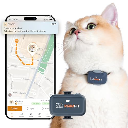 Pawfit Lite for Cats 4g GPS Tracker | Ultra-Small (<18g) Design | Real-Time Tracking | Activity Monitoring | Location History | Unlimited Range | Safety Collar Included | Charcoal Grey