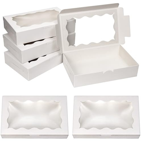 25 stycken bakverkslådor kraftpapper, 17,8 cm x 10,9 cm x 3,8 cm små bakverkslådor självuppbyggande med visningsfönster presentlådor för choklad, kex, muffins, tårtor, makroner. Vit