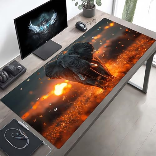 Gaming Mauspad 160 x 80cm Gaming Mousepad XXL Elefant Gelb Mauspad Schreibtischauflage, Genähte Kanten Mausmat, rutschfeste Gummibasis, Schreibtisch Schutz für Home Büro, Geschenke PjY10620 9-C
