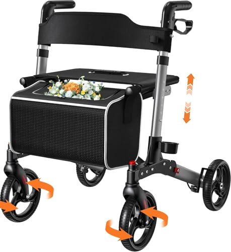 Luckfaith LR02 Rollator mit Sitz, 4-Rad Rollator faltbar für Erwachsene, 136 kg Belastbarkeit, Doppelbremssystem, 8 Räder, 6-fach höhenverstellbare Griffe, abnehmbare Tasche & Rückenlehne – Grau