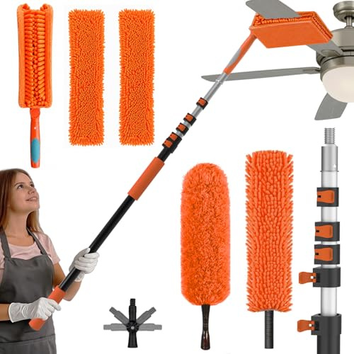 SISUPASSIE 7.2m Extendable Feather Duster Kit, 5 PCS Dusters for Cleaning with Long Handled, Microfiber Duster and Professional Fan Cleaner, Reusable Bendable Washable Dusters for Ceilings Fans