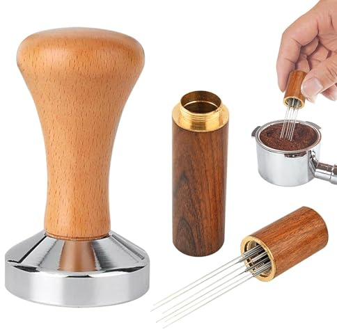 Ulvironte Coffee Tamper 51mm, Coffee Press Tamper, Flat Base Espresso-Coffee Tamper, Wood Handle Barista Tamper with Espresso Coffee-Stirrer, for Coffee-Grounds Barista Machines Accessory(SIZE:51mm)