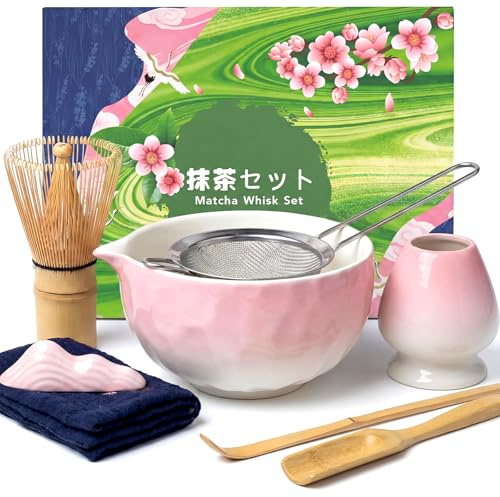 Dazhtu Matcha Kit 8 piezas, Kit Té Matcha Completo Con Cuenco Matcha, Batidor Matcha, Soporte para Batidor, Cuchara, Tamiz, Paño, Kit de Té Matcha Artesanal para Amantes el Matcha, Rosa