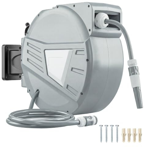 Outsunny Avvolgitubo per irrigazione a parete 20+1,6 m x Ø 15 mm, avvolgitubo per acqua retrattile automatico, girevole a 180°, sistema di bloccaggio, ritorno progressivo, ugello a 2 modalità, grigio