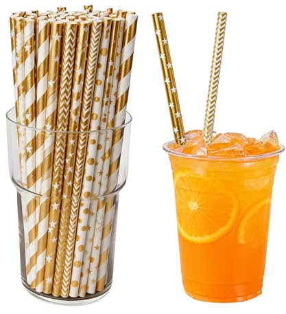 100 pappersstavar, färgglada randiga papperssugrör, 19,7 cm, biologiskt nedbrytbara papperssugrör för drycker, cocktail, kaffe och olika evenemang (gyllene gravyr)