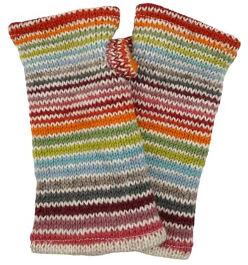 Pachamama Women Wool Hand Wrist Warmers Fleece Lined Handknitted Stripe Multicoloured One-Size Handmade Thumbhole Thermal Extra Warm Fair Trade