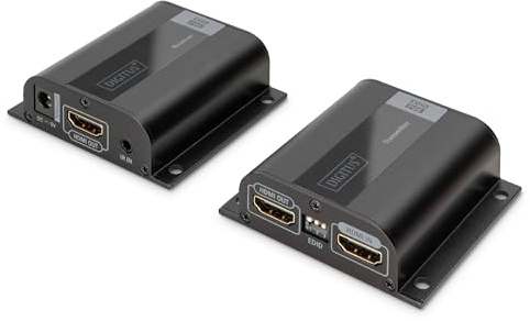 Digitus Kit Extensor de Vídeo HDMI sobre CAT 6/6a/7 50m | 50 m a través de cable LAN a partir de CAT 6 – Juego de emisor y receptor – Salida en bucle, infrarrojos (IR) – Negro