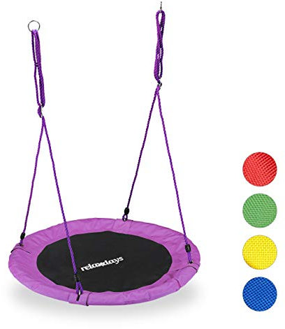 Relaxdays Unisex – Erwachsene, lila Nestschaukel, rund, für Kinder & Erwachsene, verstellbar, Ø 90 cm, Garten Tellerschaukel, bis 100 kg, H x D: ca. 5 x 90 cm, Violett